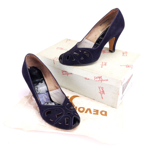1950s Navy Suede Peep Toe Pumps by Devonshire UK 4