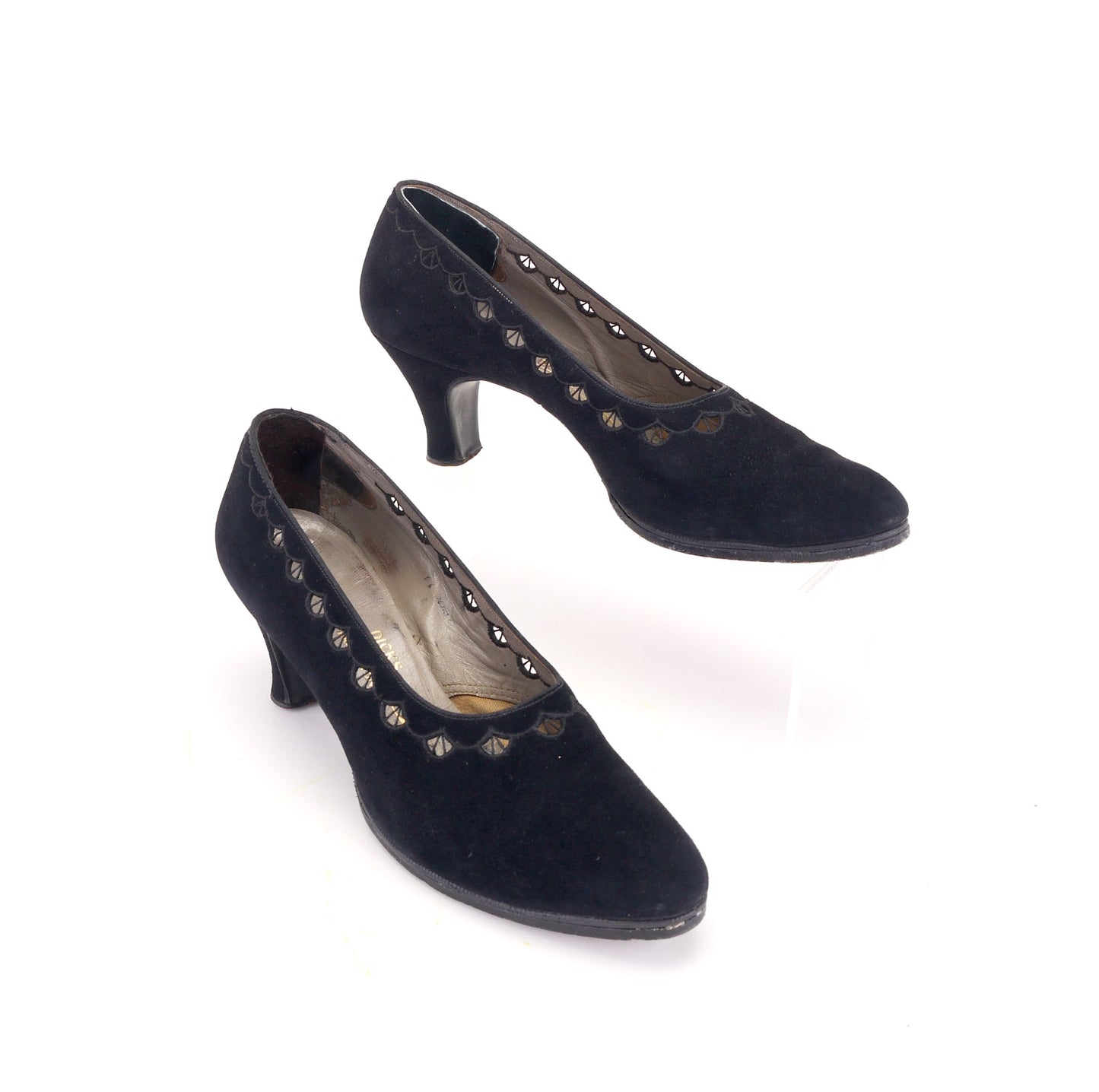 1930s Black Suede Pumps w Crochet Cutouts UK 6