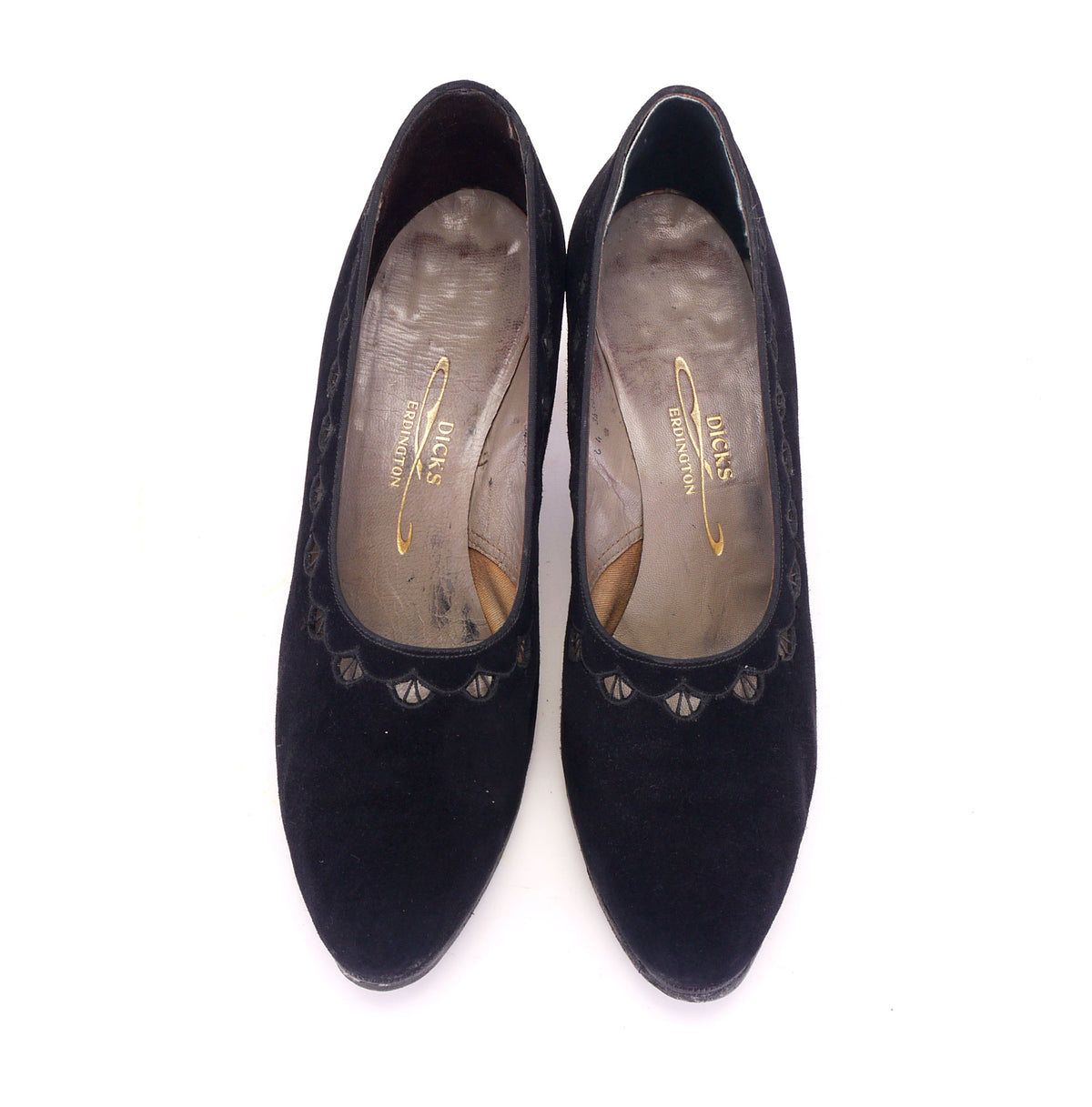 1930s Black Suede Pumps w Crochet Cutouts UK 6