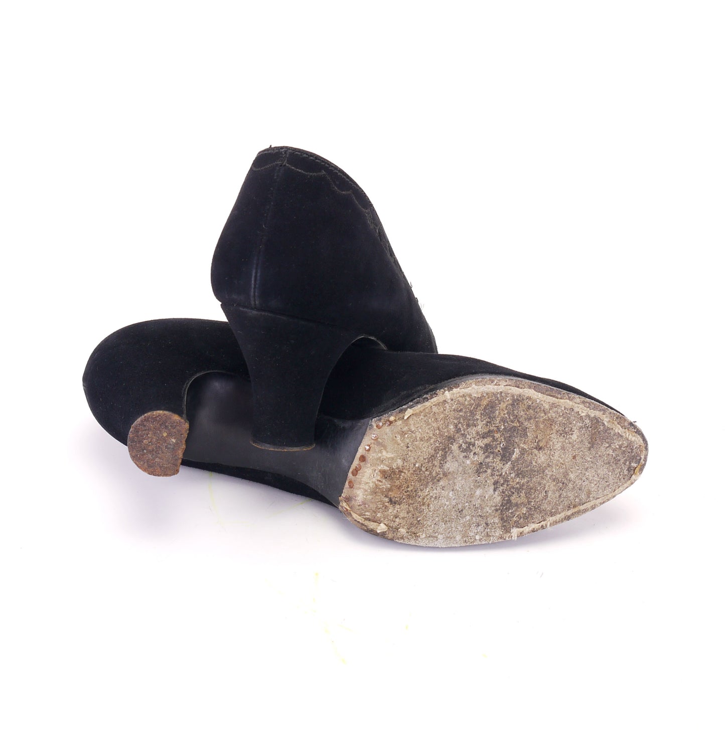 1930s Black Suede Pumps w Crochet Cutouts UK 6