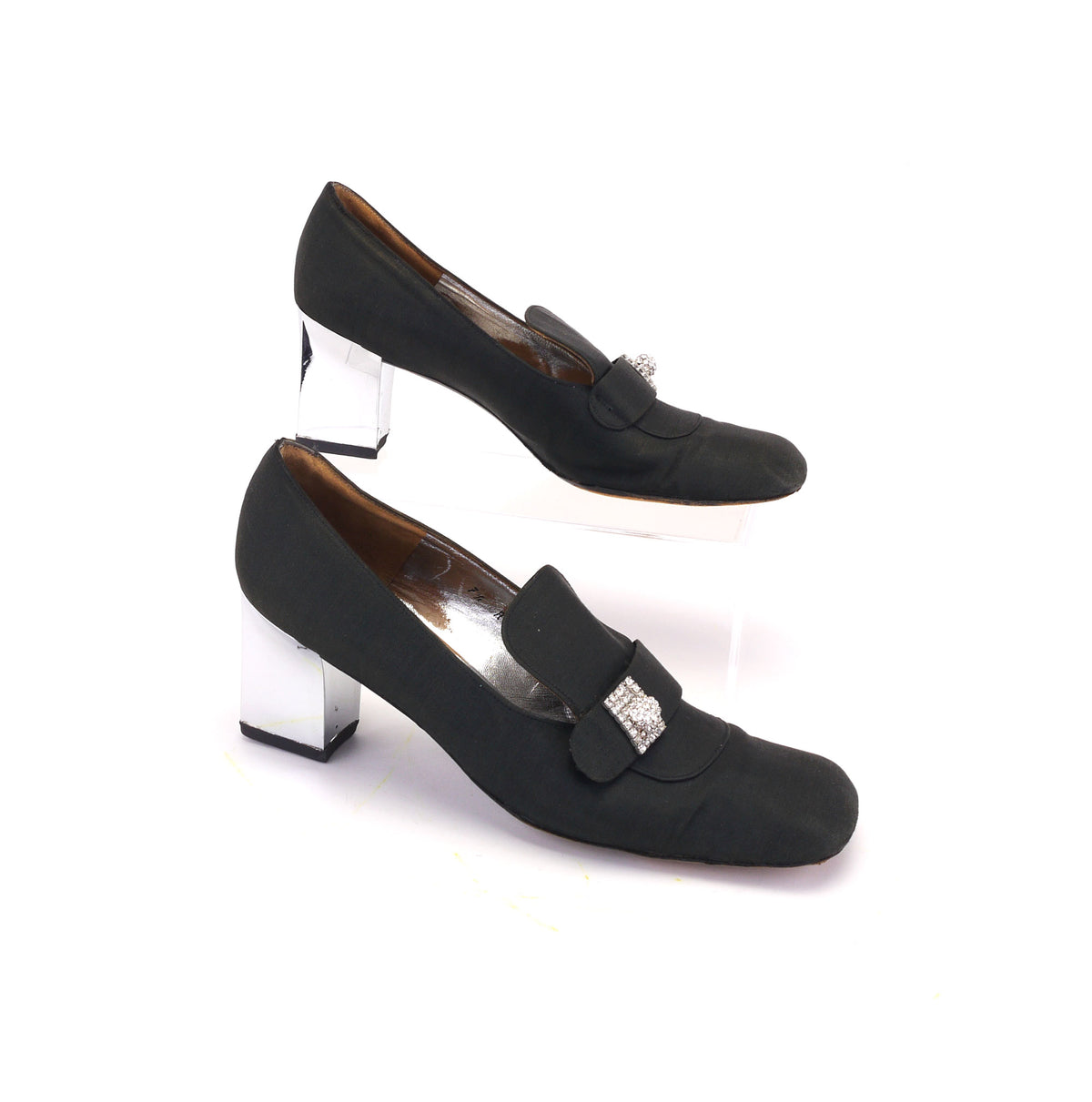 Christian Dior Black Silk Loafers w Mirror Heel c1969 UK 5
