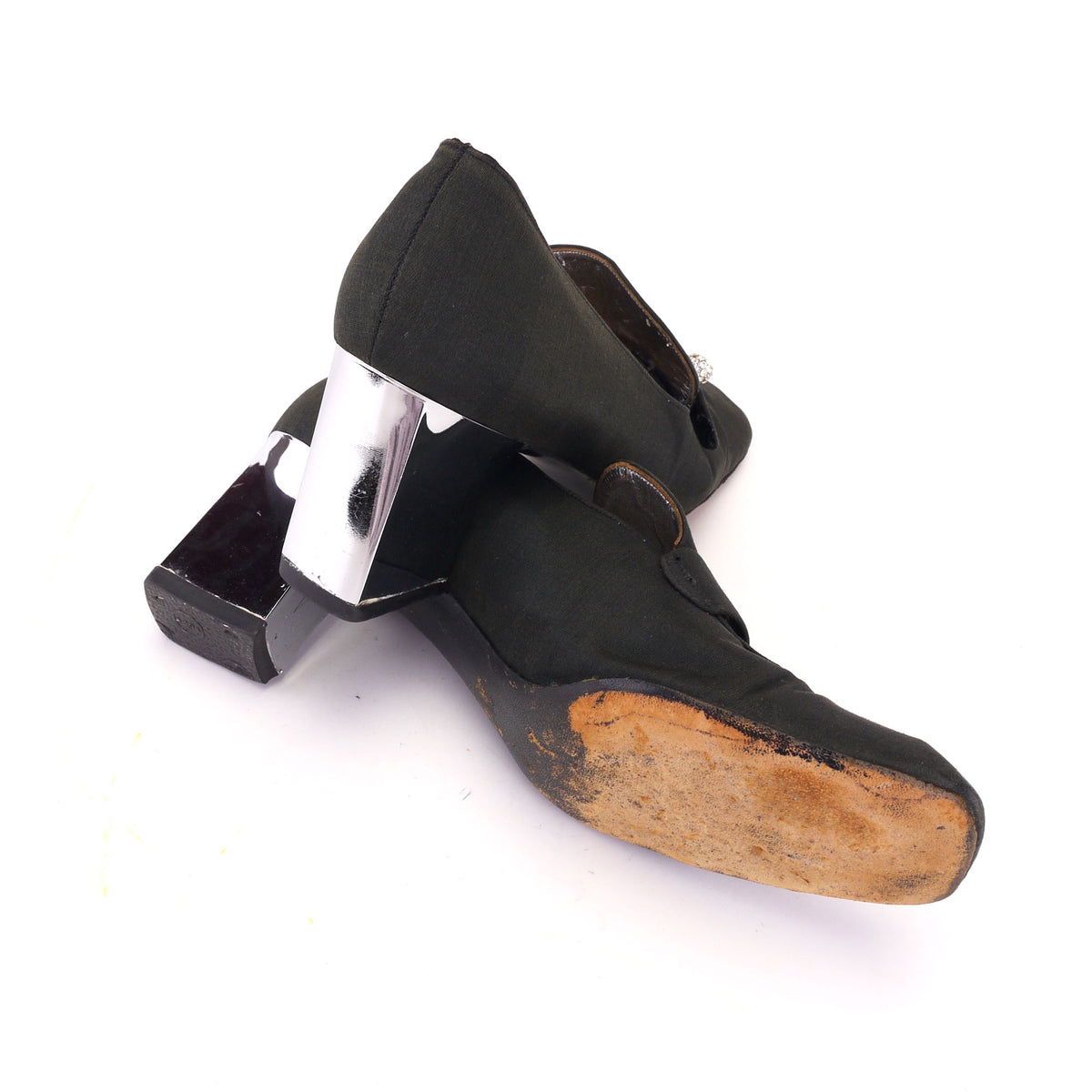 Christian Dior Black Silk Loafers w Mirror Heel c1969 UK 5