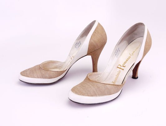 1950s White Leather & Beige Linen Pumps by Romano UK 4.5