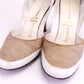 1950s White Leather & Beige Linen Pumps by Romano UK 4.5