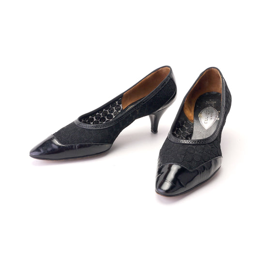 1960s Elliott Black Patent & Lace Pumps UK 5