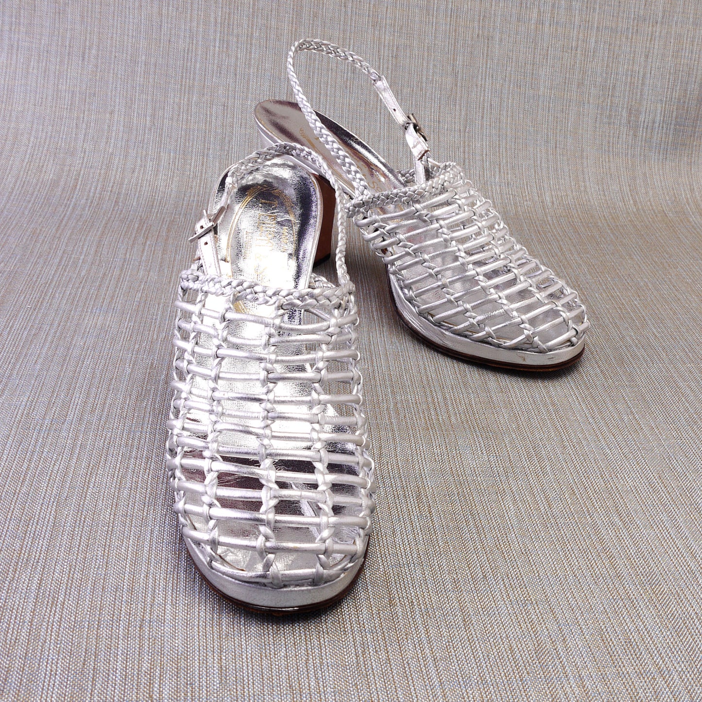 1970s Unworn Silver Caged Platform Slingbacks by Elliott UK 6