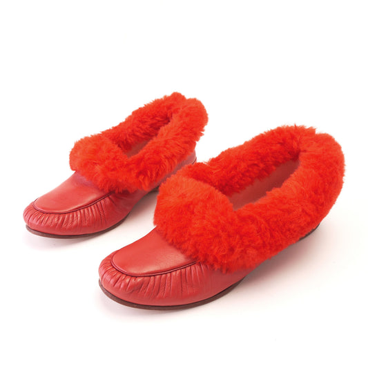 Englands Red Leather and Faux Fur Collar Slippers UK 4.5