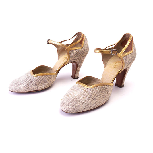 1930s Beige / Cream Stripe & Gold Sandals by Fanchon UK 4