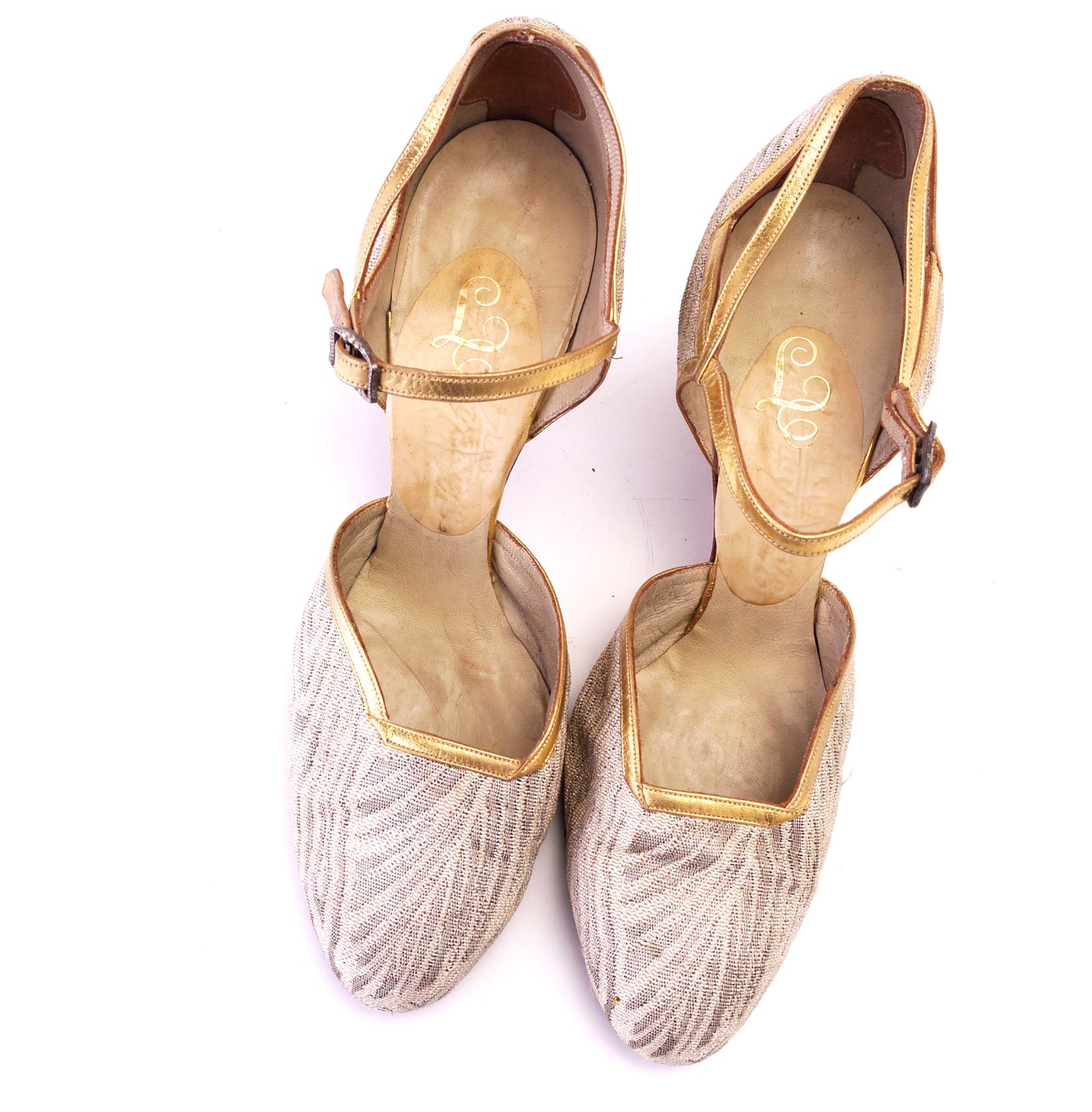 1930s Beige / Cream Stripe & Gold Sandals by Fanchon UK 4