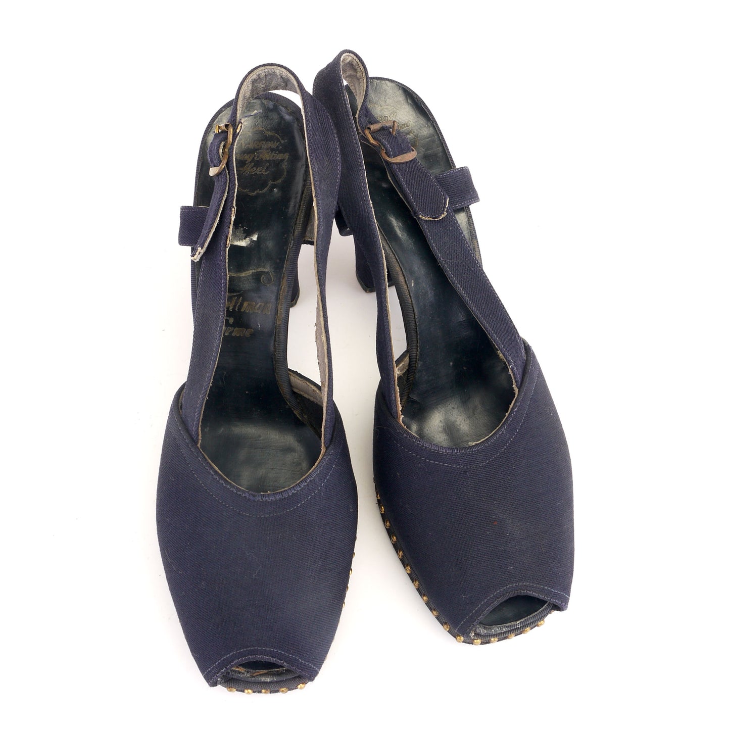 1940s Navy Gabardine Sandals w Metal Studs UK 3.5