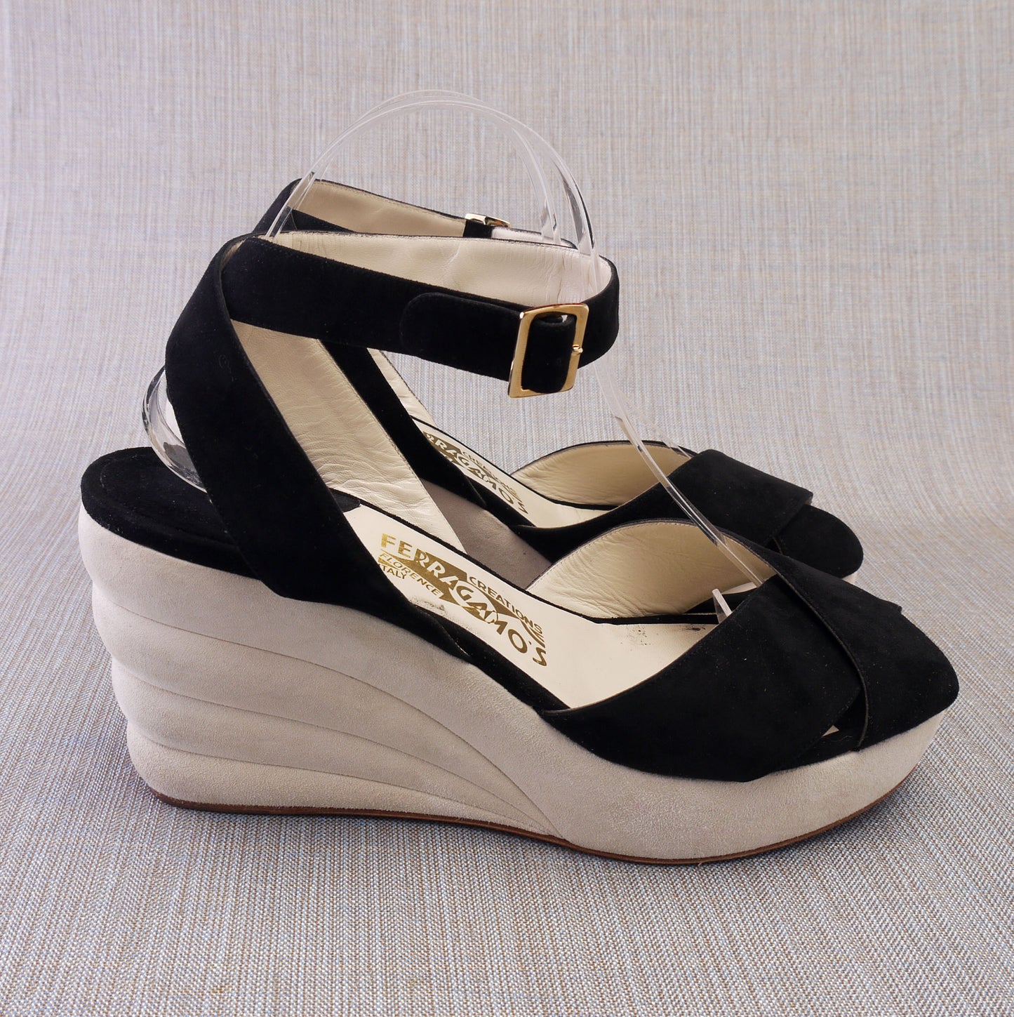 Ferragamo Limited Edition 1940 B&W Wedge Sandals UK 7.5