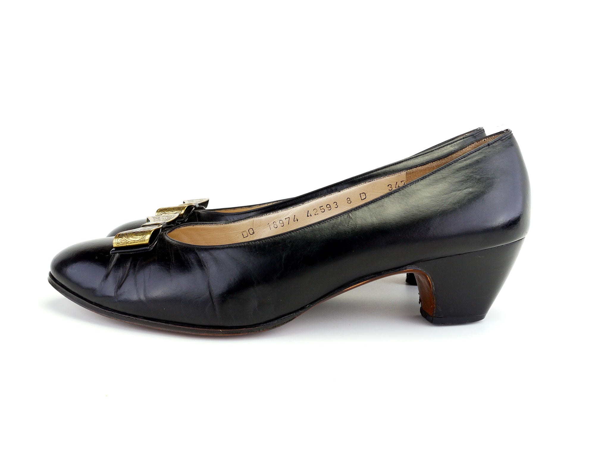 Ferragamo 1980s Black Pumps with Brass Bow UK 5.5