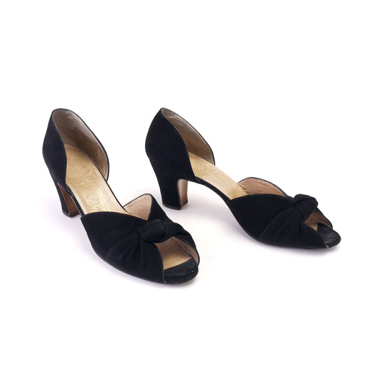 Original 1950s Ferragamo Black Suede D'Orsay Peeps UK 5