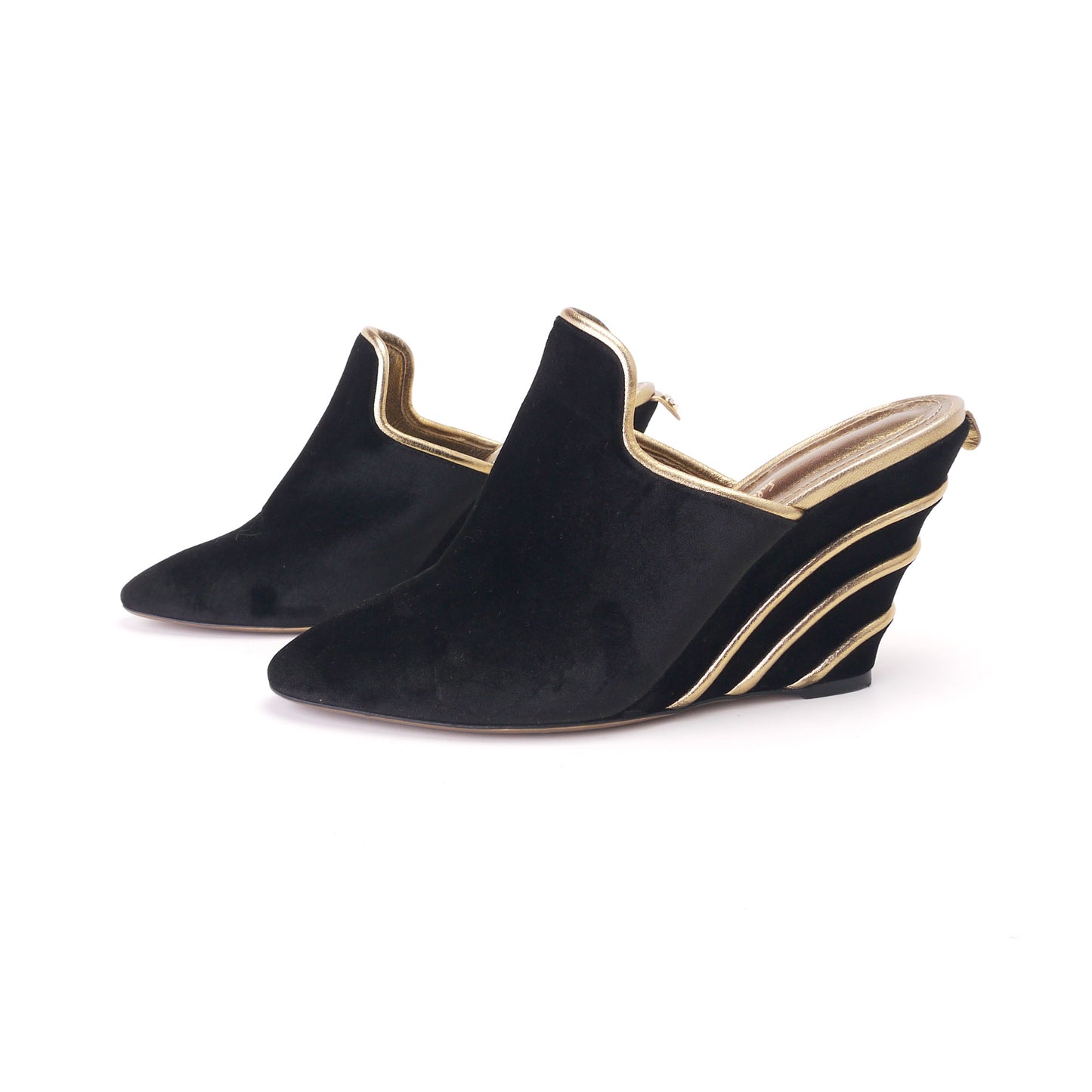 1990s Y2K Black Velvet Ferragamo Wedge Mules UK 3