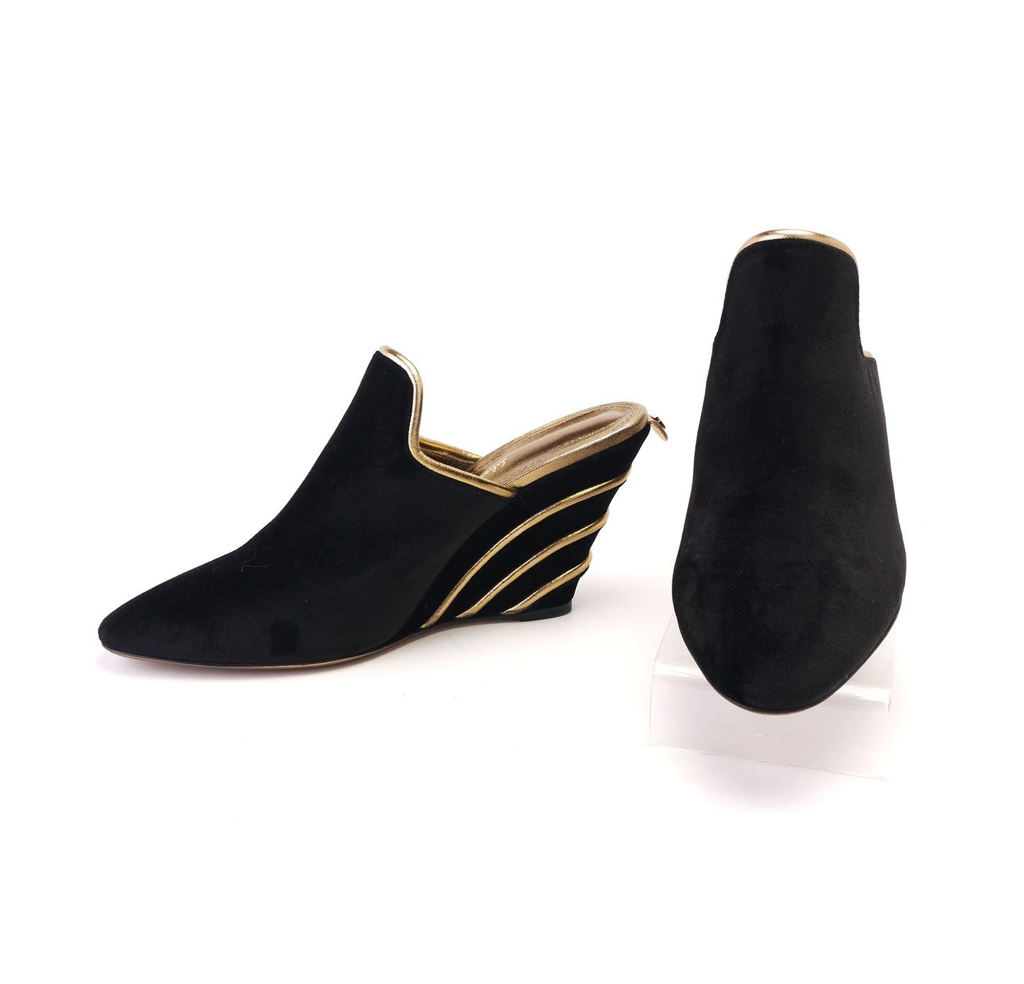 1990s Y2K Black Velvet Ferragamo Wedge Mules UK 3