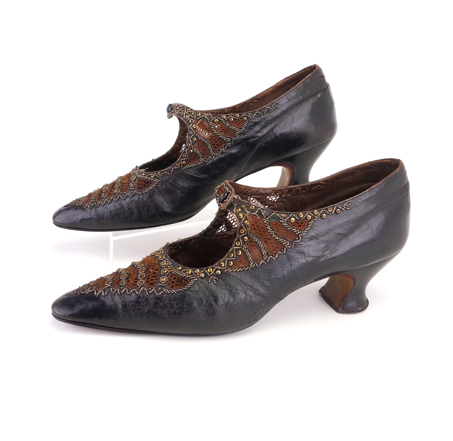 Antique Beaded Bronze French Bar Shoes c1910 UK 6
