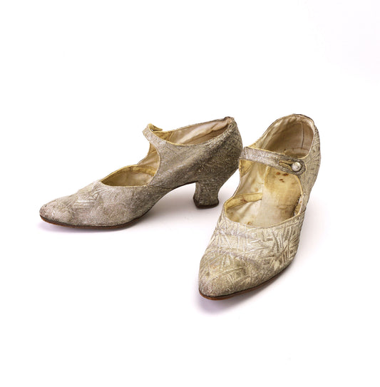 1920s Pale Gold Brocade Bar Shoes Mary Janes UK 5