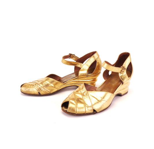 1940s Harrods Gold Triple Wedge Heels UK 4.5