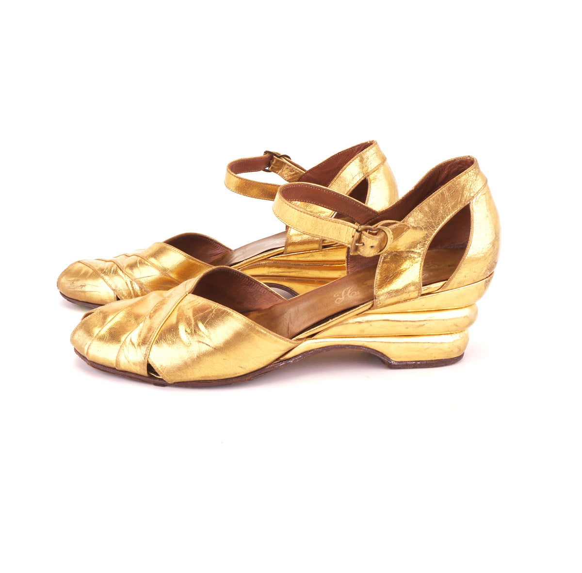 1940s Harrods Gold Triple Wedge Heels UK 4.5