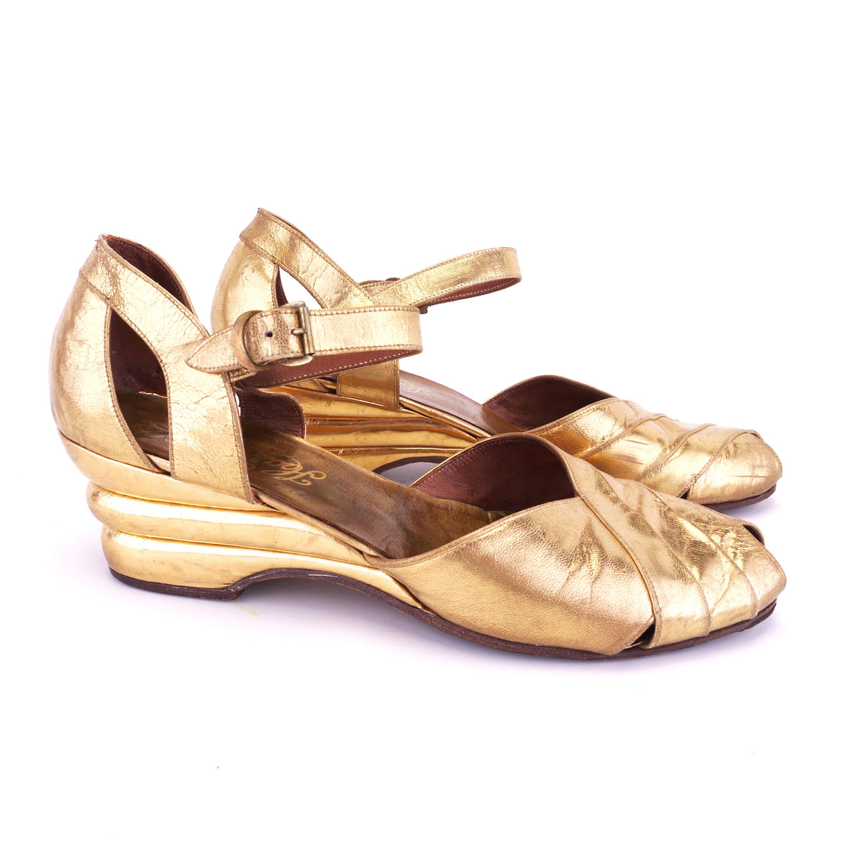 1940s Harrods Gold Triple Wedge Heels UK 4.5