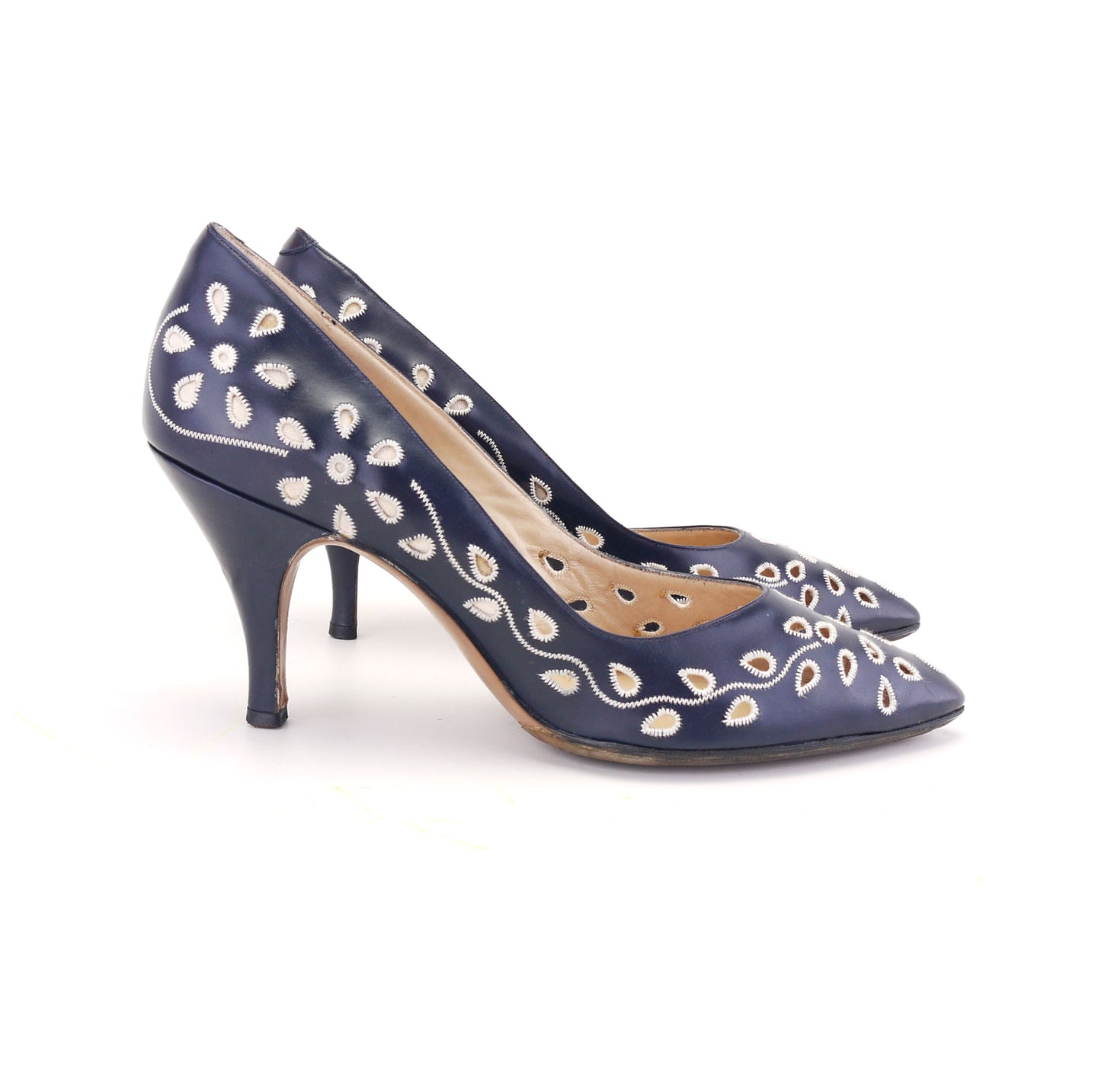 1950s Navy Blue Stilettos w White Embroidery & Cutouts UK 4.5