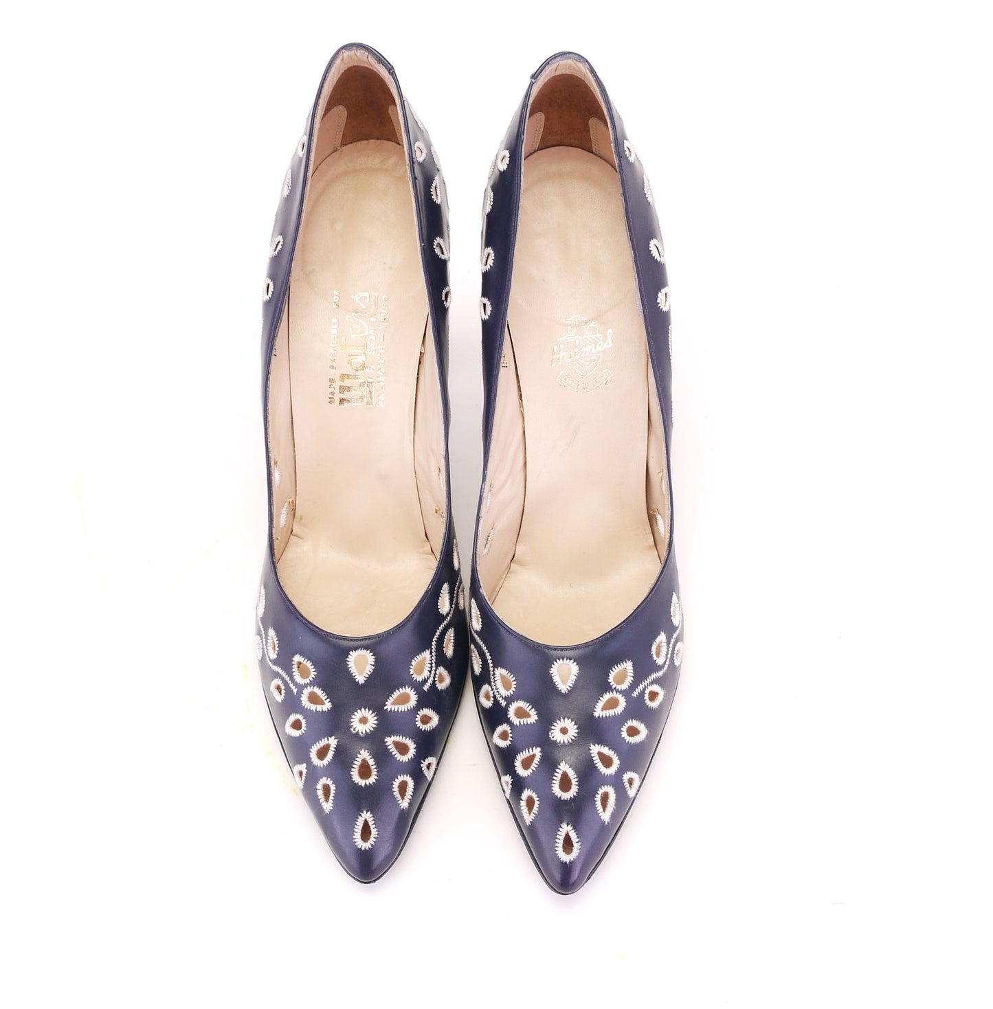1950s Navy Blue Stilettos w White Embroidery & Cutouts UK 4.5