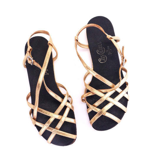 1950s Joyce Cats Cradle Gold Evening Sandals UK 6