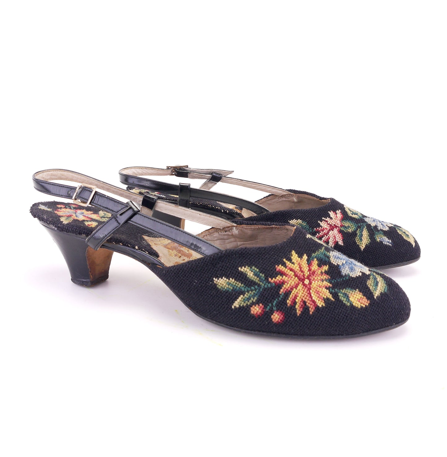 1950s Black Needlepoint Floral Slippers by Leroux UK 6.5