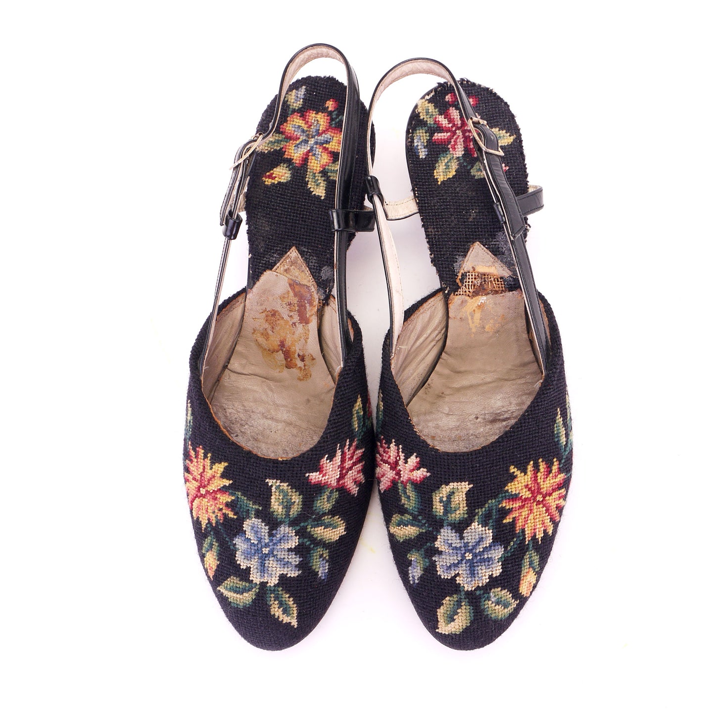 1950s Black Needlepoint Floral Slippers by Leroux UK 6.5