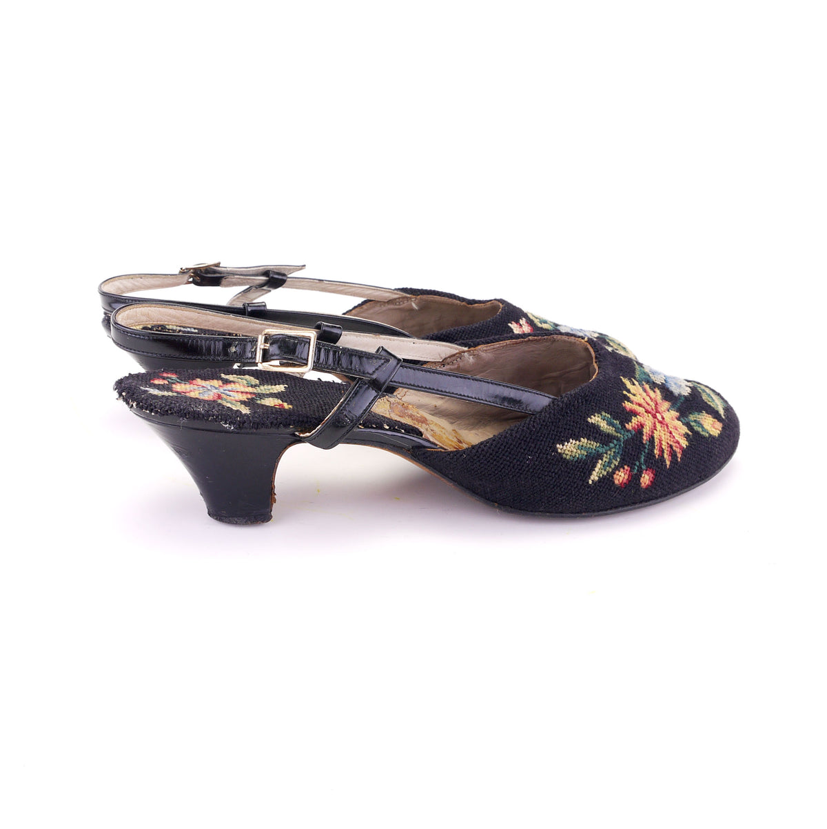 1950s Black Needlepoint Floral Slippers by Leroux UK 6.5