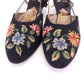 1950s Black Needlepoint Floral Slippers by Leroux UK 6.5