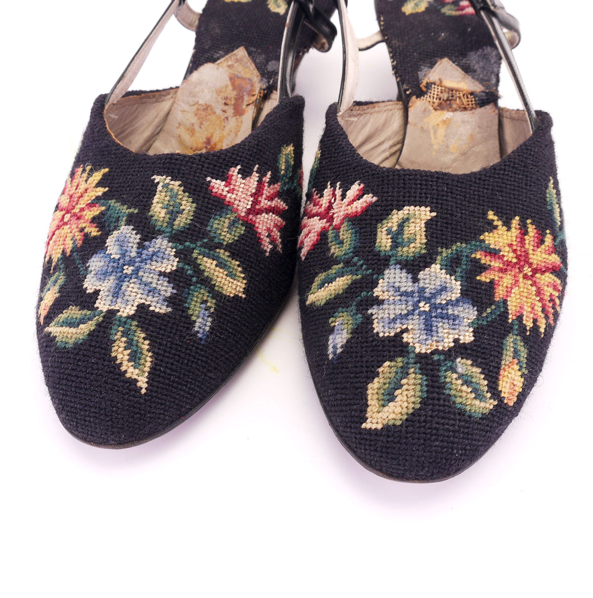 1950s Black Needlepoint Floral Slippers by Leroux UK 6.5