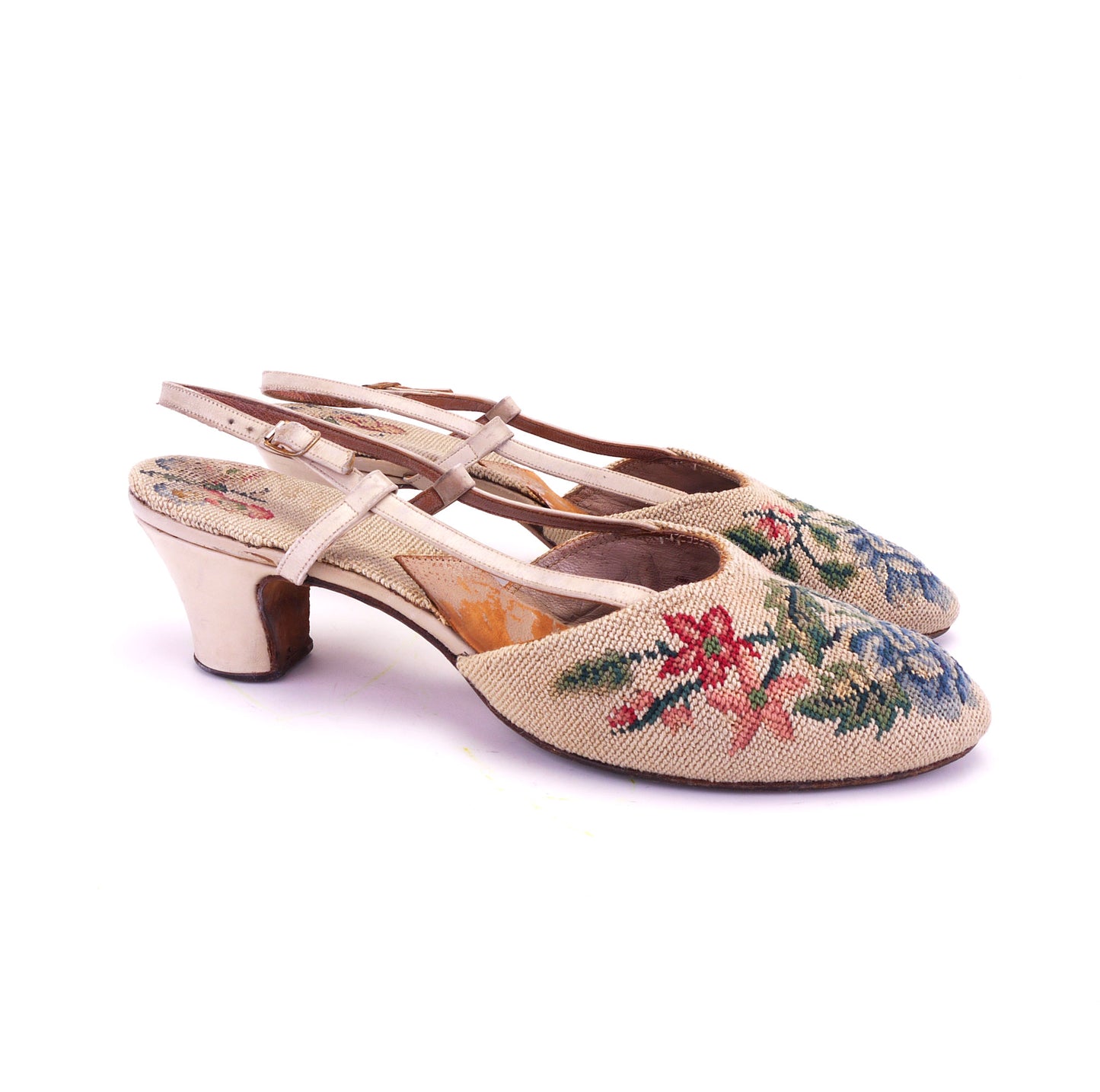 1950s Beige Needlepoint Floral Slippers by Leroux UK 6.5