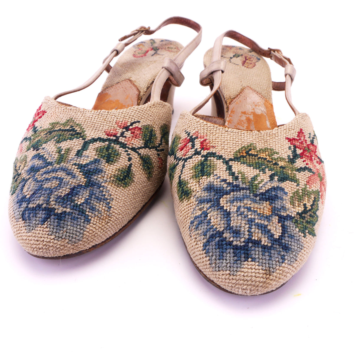 1950s Beige Needlepoint Floral Slippers by Leroux UK 6.5