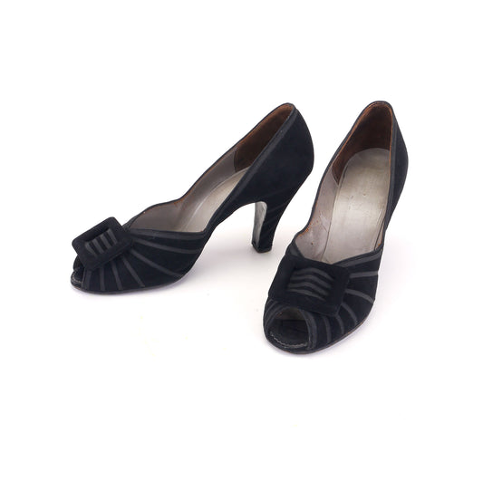 1950s Black Braided Peep Toe Pumps by Les Jumelles UK 5