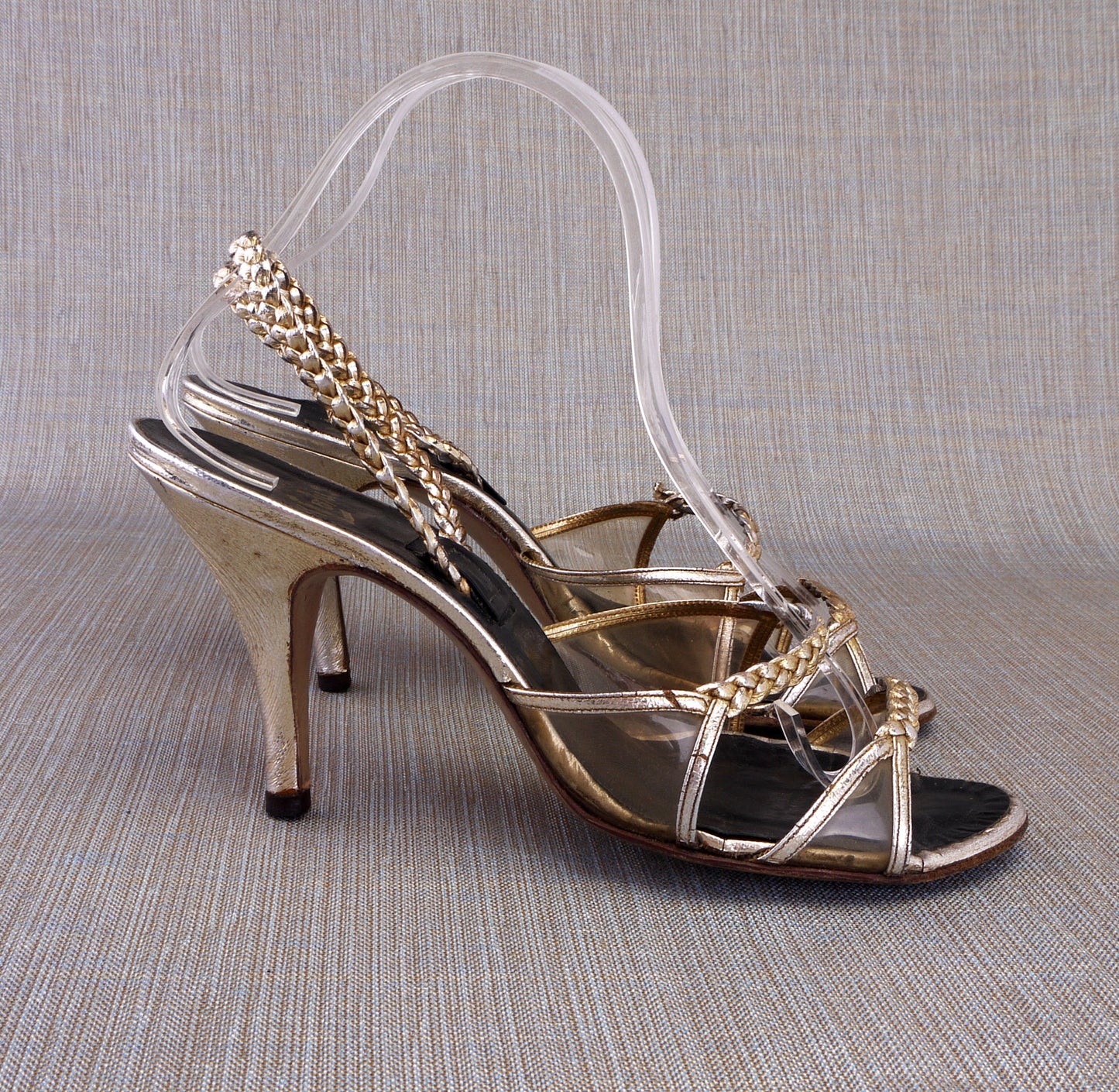1950s Lotus Lucite and Gold Plaited Leather Sandals UK 5.5