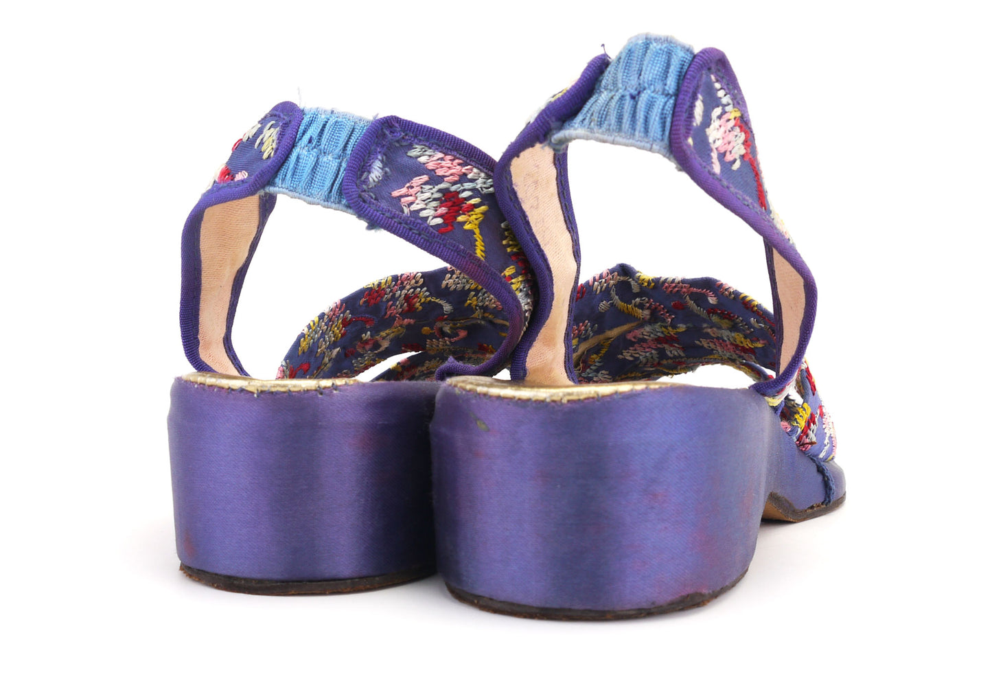 1940s Blue Embroidered Pooside or Patio Low Wedges UK 4.5