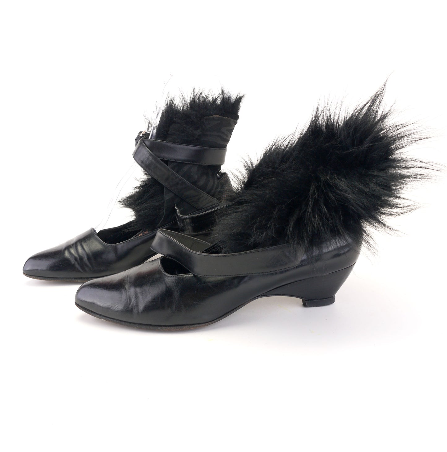 1980s Mary Popps Strappy Pumps wth Faux Fur Collar UK 5.5
