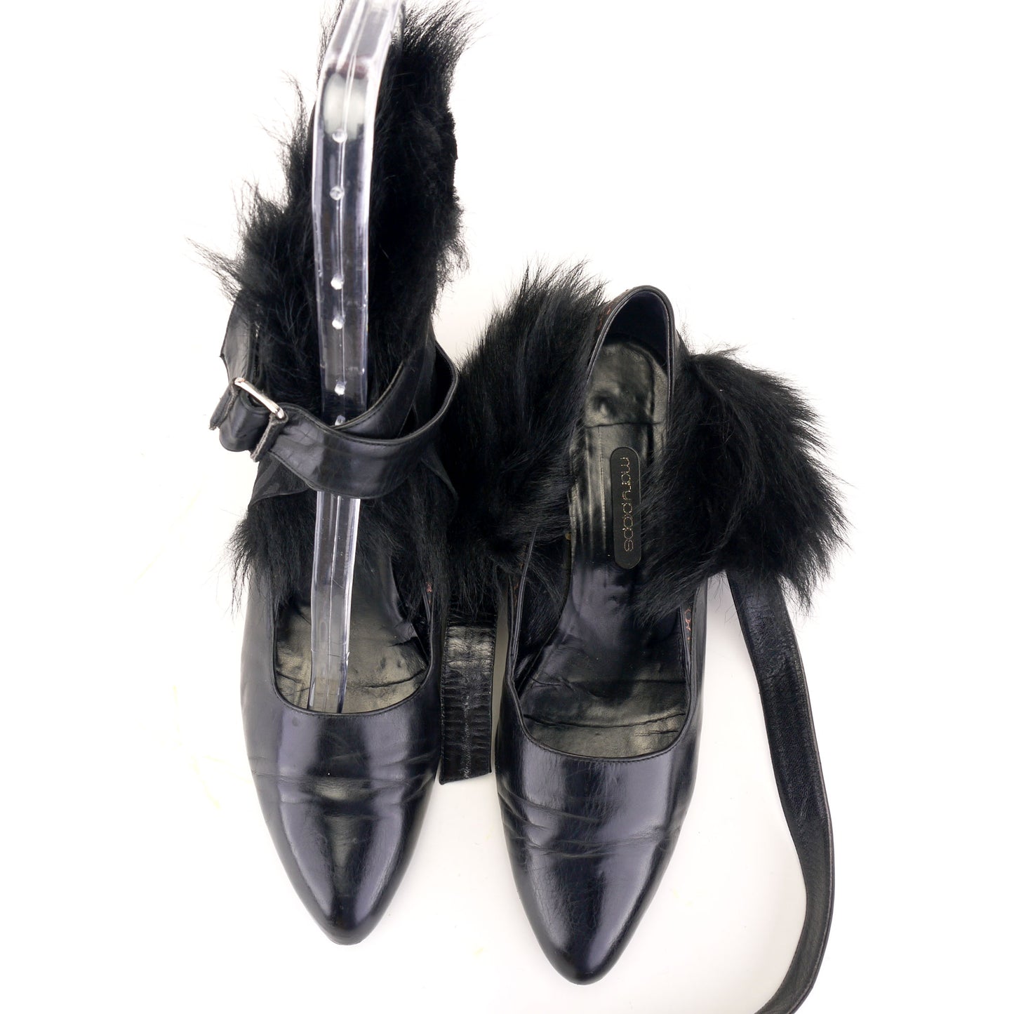 1980s Mary Popps Strappy Pumps wth Faux Fur Collar UK 5.5