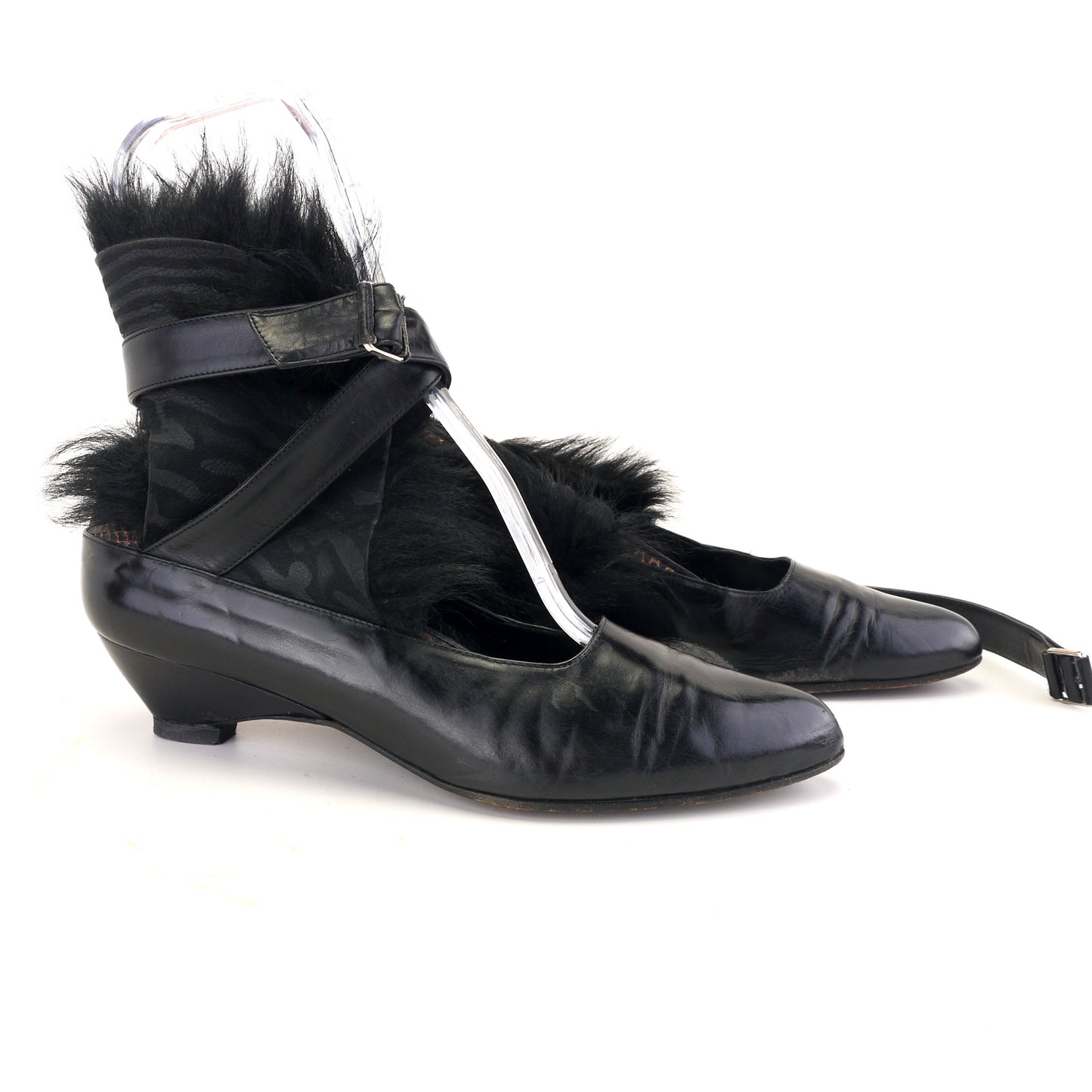 1980s Mary Popps Strappy Pumps wth Faux Fur Collar UK 5.5