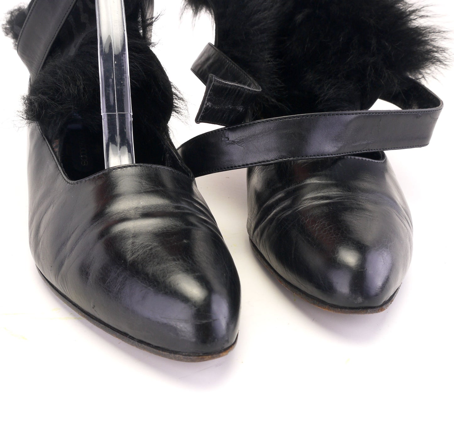 1980s Mary Popps Strappy Pumps wth Faux Fur Collar UK 5.5