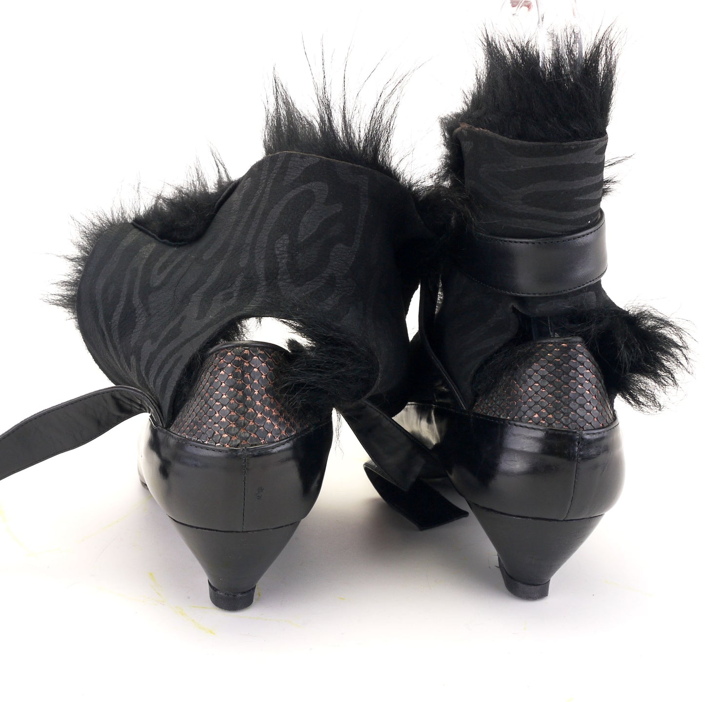 1980s Mary Popps Strappy Pumps wth Faux Fur Collar UK 5.5