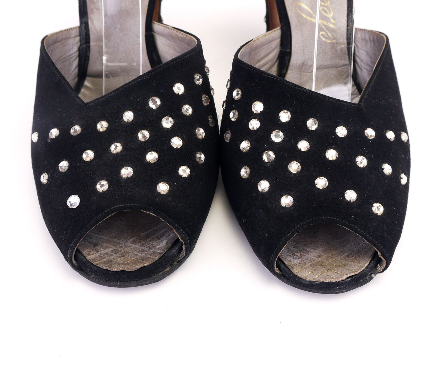 1950s Black Suede Sandals w Rhinestones UK 5.5