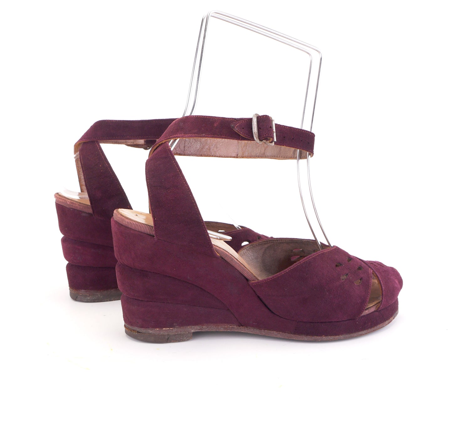 1940s Merrywell Wine Suede Wedge Sandals UK 5
