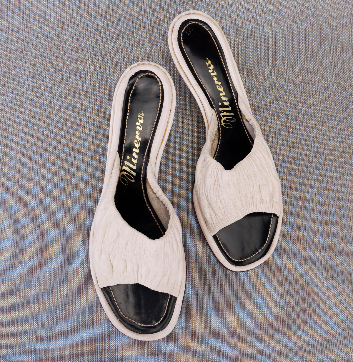 1960s Minerva White Mules with Brass Heel UK 3