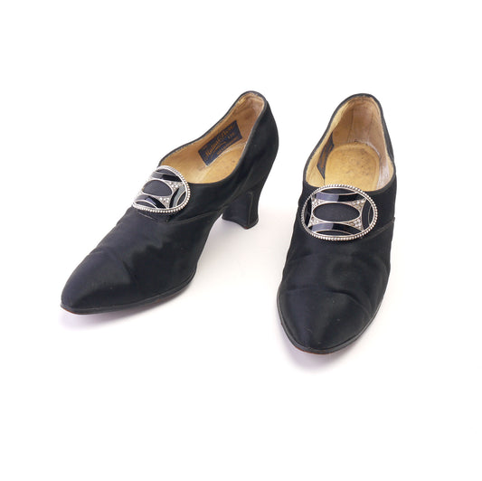 1920s Black Silk Pumps w Enamel & Rhinestone Buckle UK 3