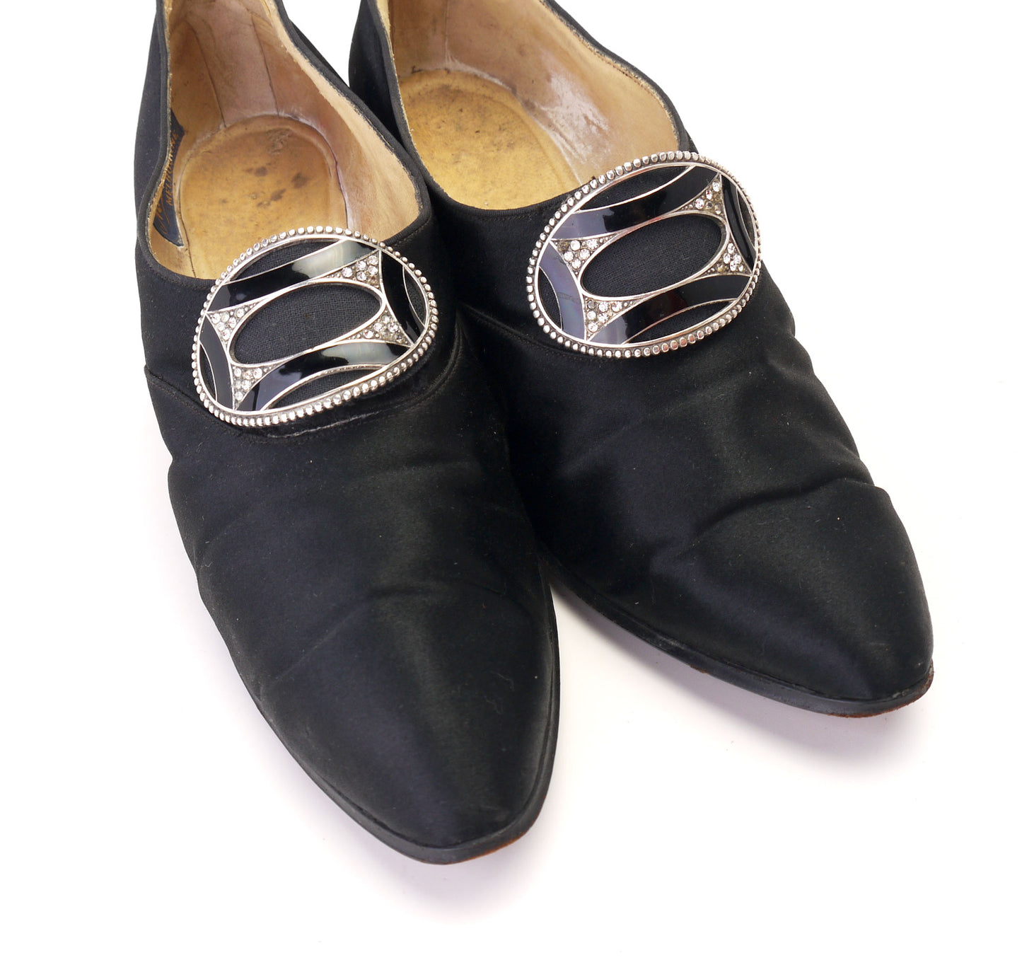 1920s Black Silk Pumps w Enamel & Rhinestone Buckle UK 3