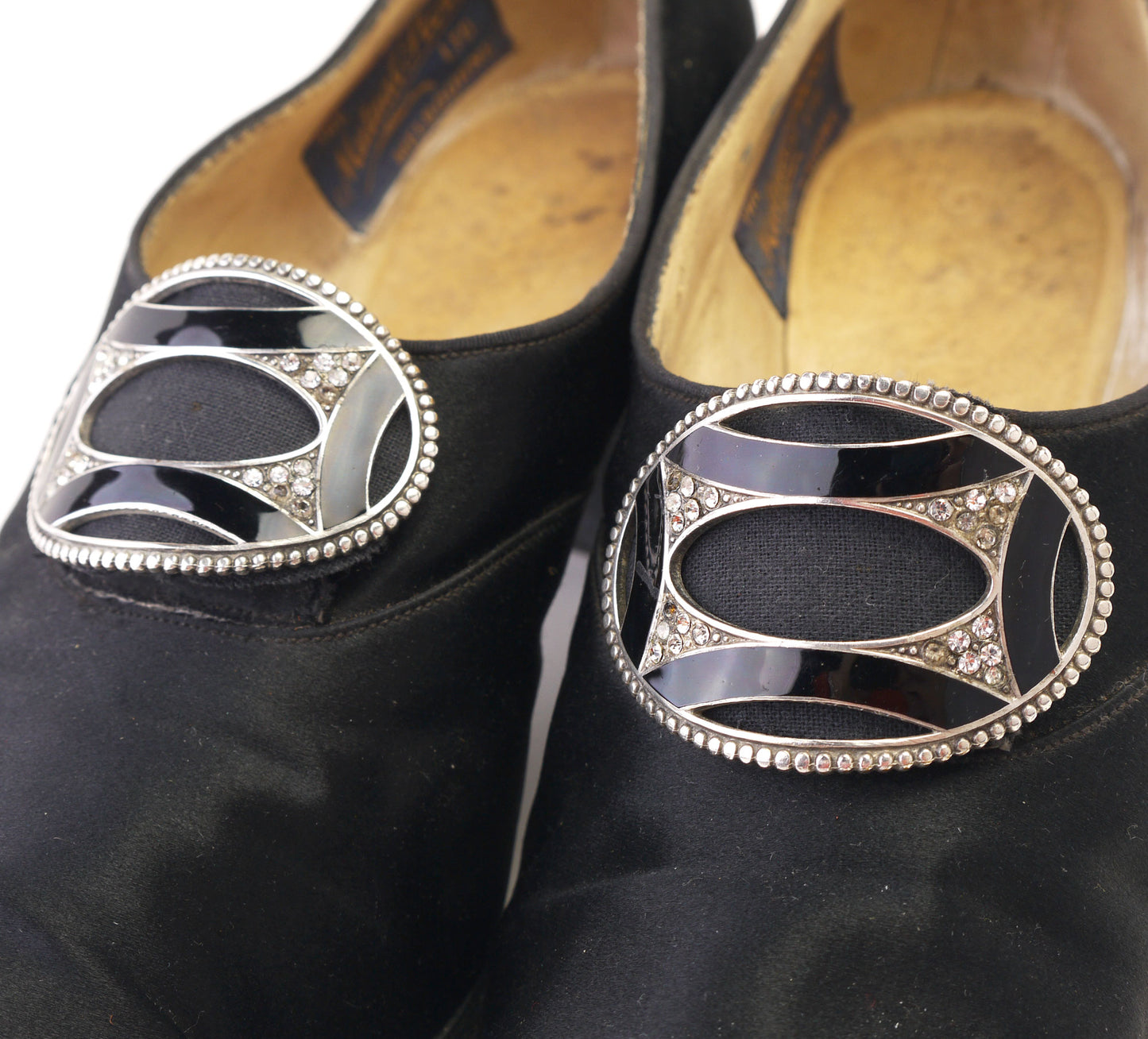 1920s Black Silk Pumps w Enamel & Rhinestone Buckle UK 3