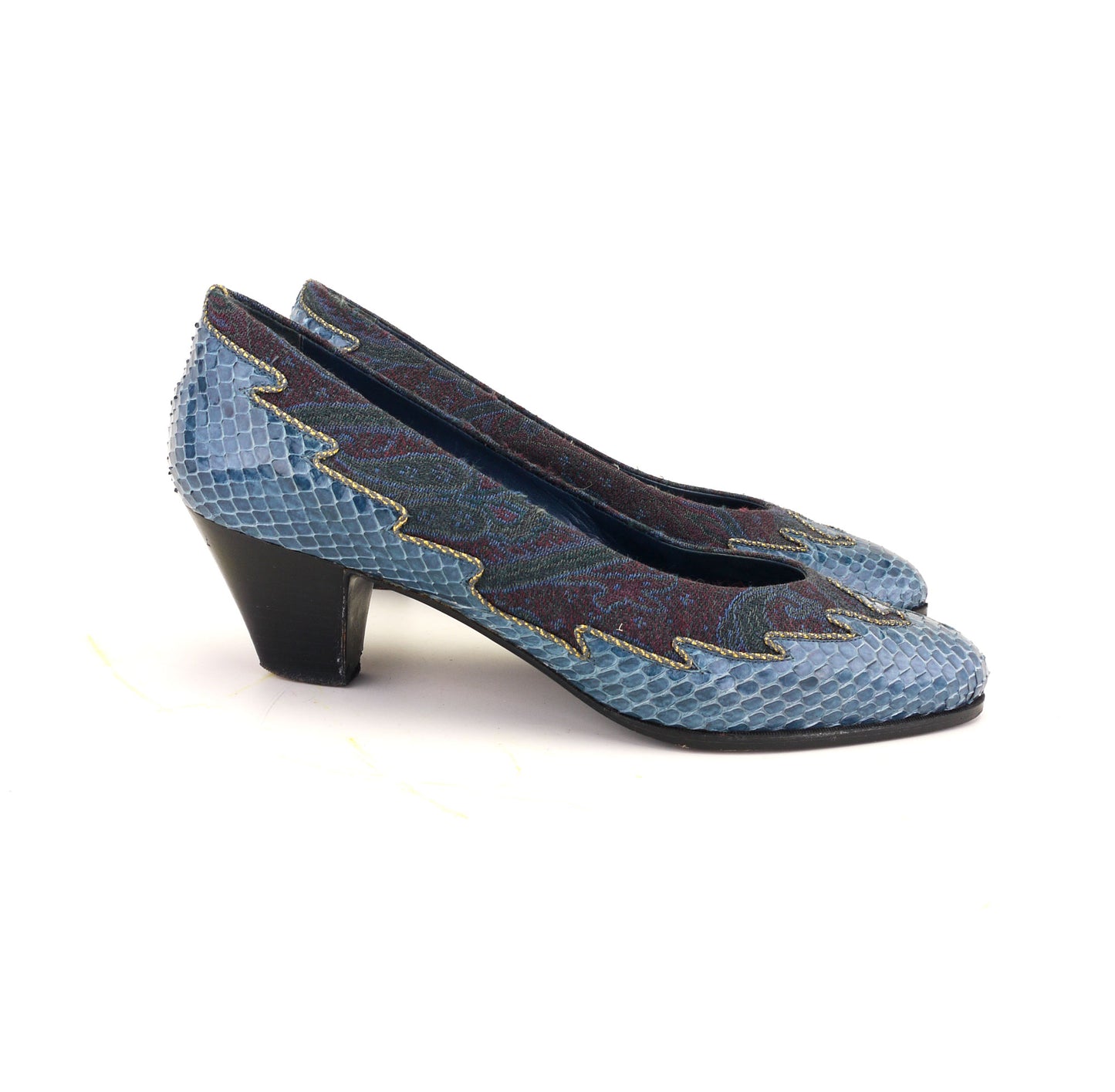 1980s Andrea Pfister Blue Brocade & Snakeskin Pumps UK 4