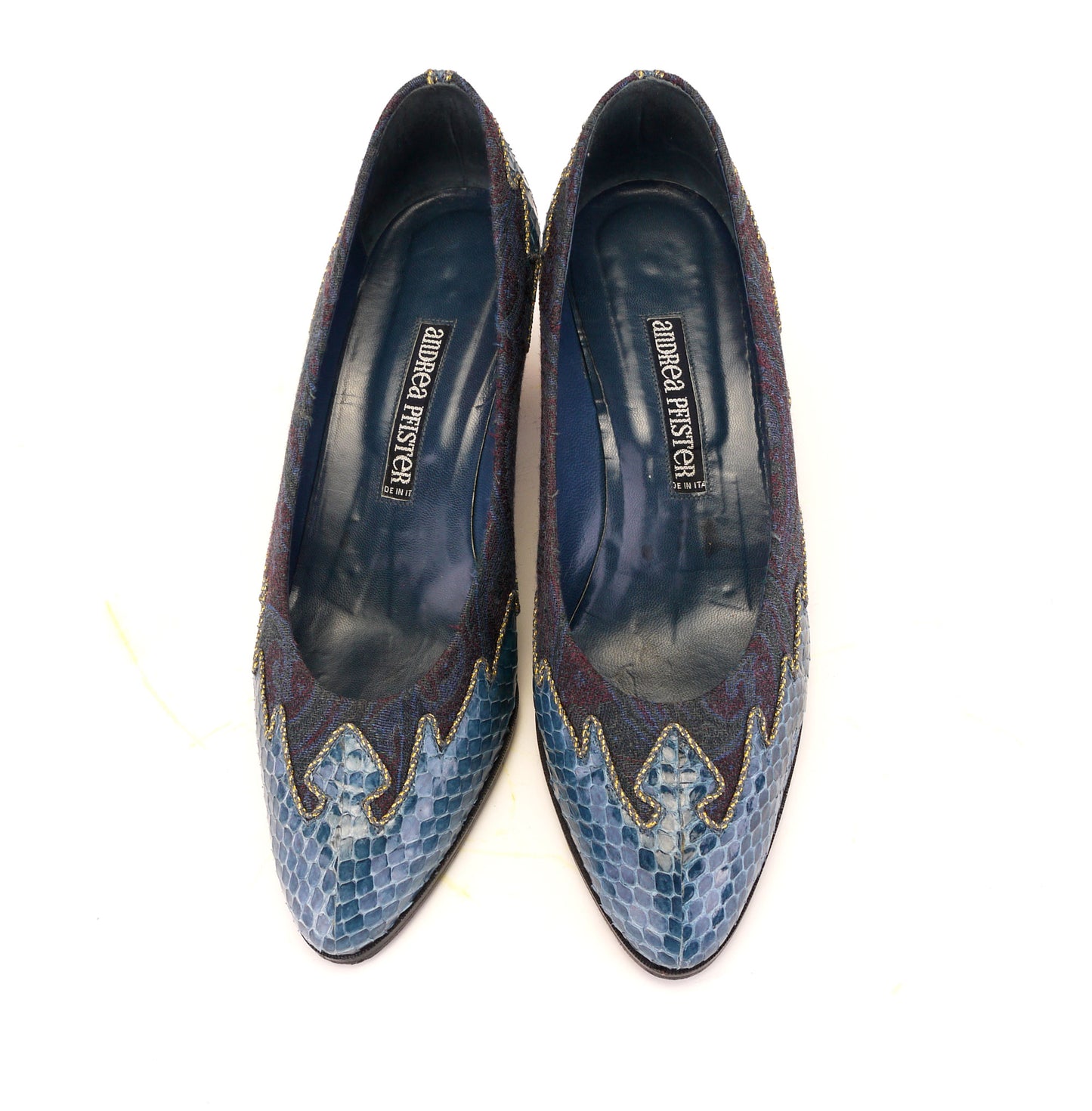 1980s Andrea Pfister Blue Brocade & Snakeskin Pumps UK 4
